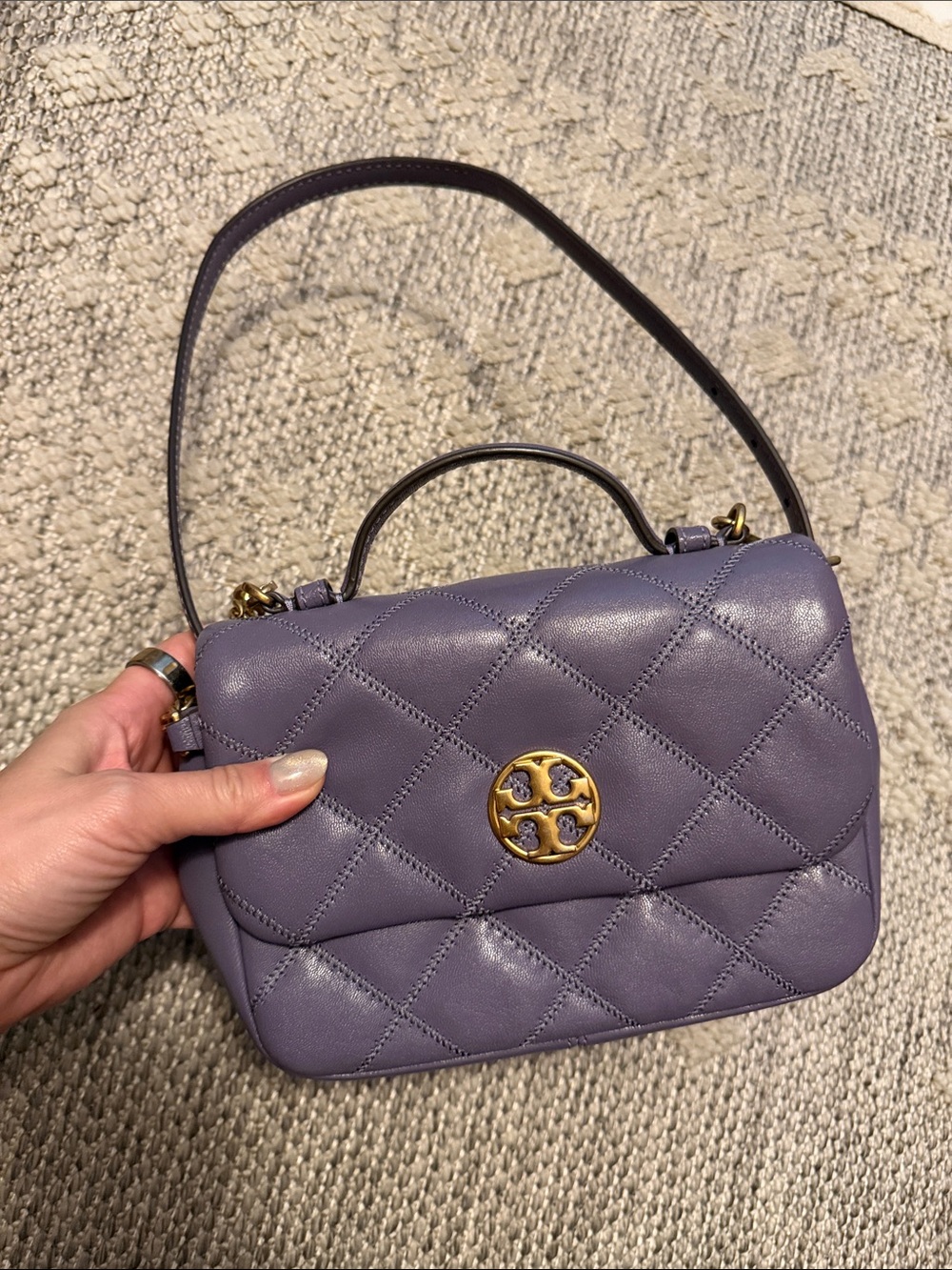 Tory Burch Quilted Lavender Top-Handle Satchel with Gold Logo
